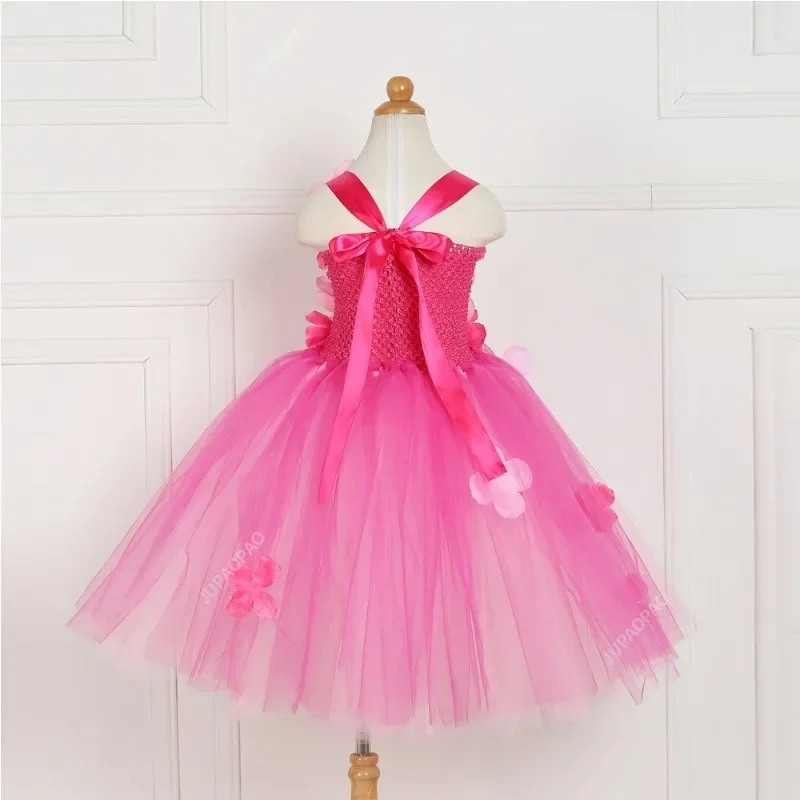 New Quality Pink Princess Flowers Petal Girl Wedding Dress Girls Tulle Fuffy Party Formal Dress Princess Tutu Dress Vestidos