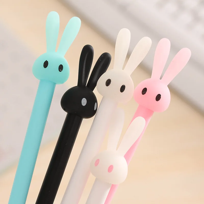 6Pcs Random Color Cute Long Ears Rabbit Gel Ballpoint Pens Creative Black Ink Neutral Pens School Office Supply
