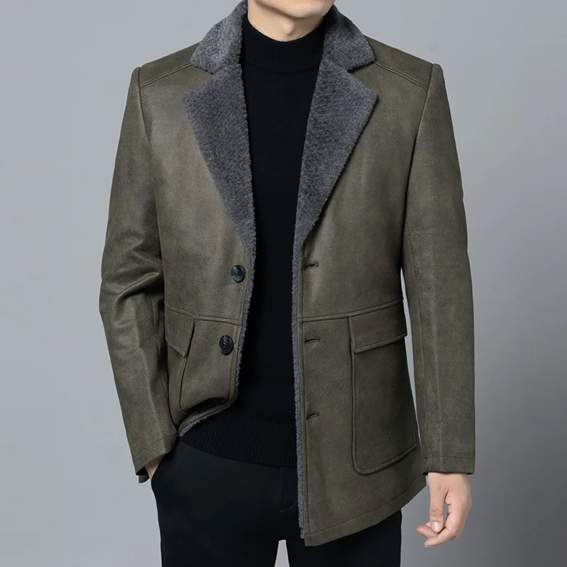 New Fur Inegraed Plush And Hickened Collar, Suede Jacke, Men's Reverse Leaher Sui