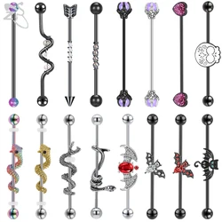 ZS 1PC 14g Stainless Steel Long Industrial Piercing Snake Bat CZ Crystal Ear Stud Black Ear Tragus Cartilage Helix Piercing 38MM