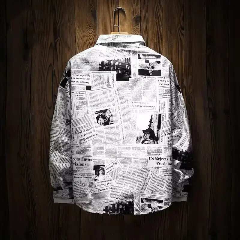 Camisas a cuadros de negocios para hombres, vestido Vintage de manga larga con estampado de periódico, camisas florales sociales, nueva llegada,