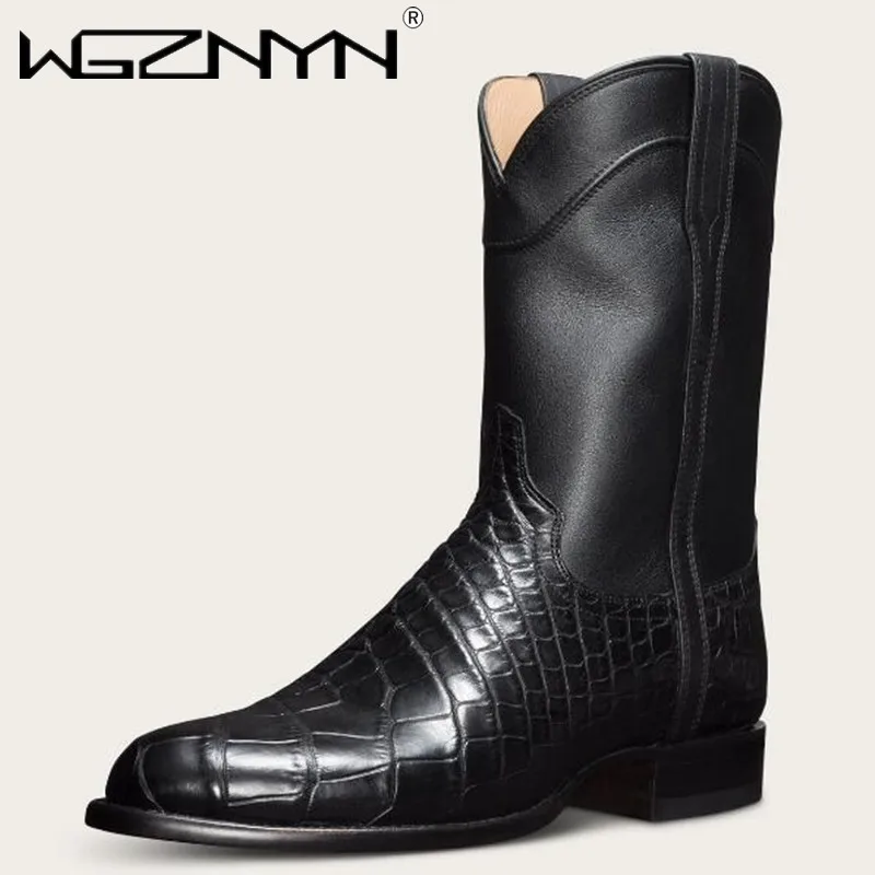 2025 Men's Classic Punk Goth Pattern Ankle Boot Retro Designed Men Shoes Wide Toe Western Cowboy Pointed Working Boots for Men