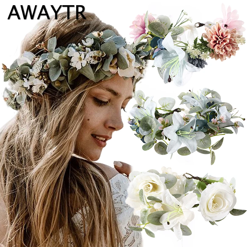 AWAYTR Camellia Flowers Wreath Crown Festival Green Leaf Headband Girl Floral Garland Wedding Floral Women Hair Accessories