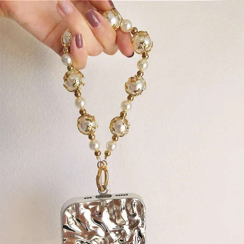 Mobile Phone Lanyard Short Wrist Pendant Five Point Star Pearl String Chain Hollow Hanging Universal Phone Case Anti Loss Sling