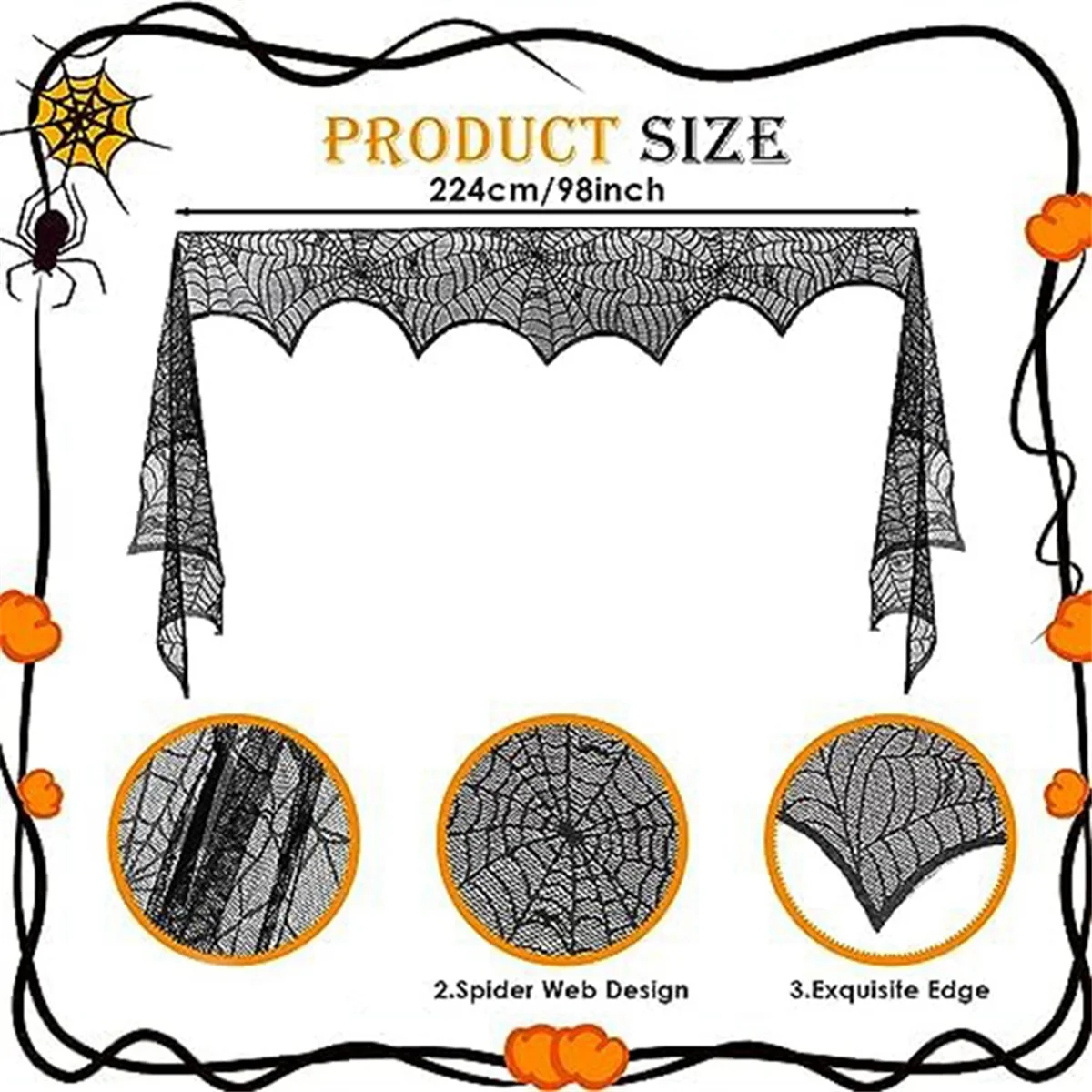 Halloween Fireplace-Mantle Scarf, Spiderweb Mantel Black Lace Fireplace-Mantle Cover Festive Party Gothic Indoor Decor