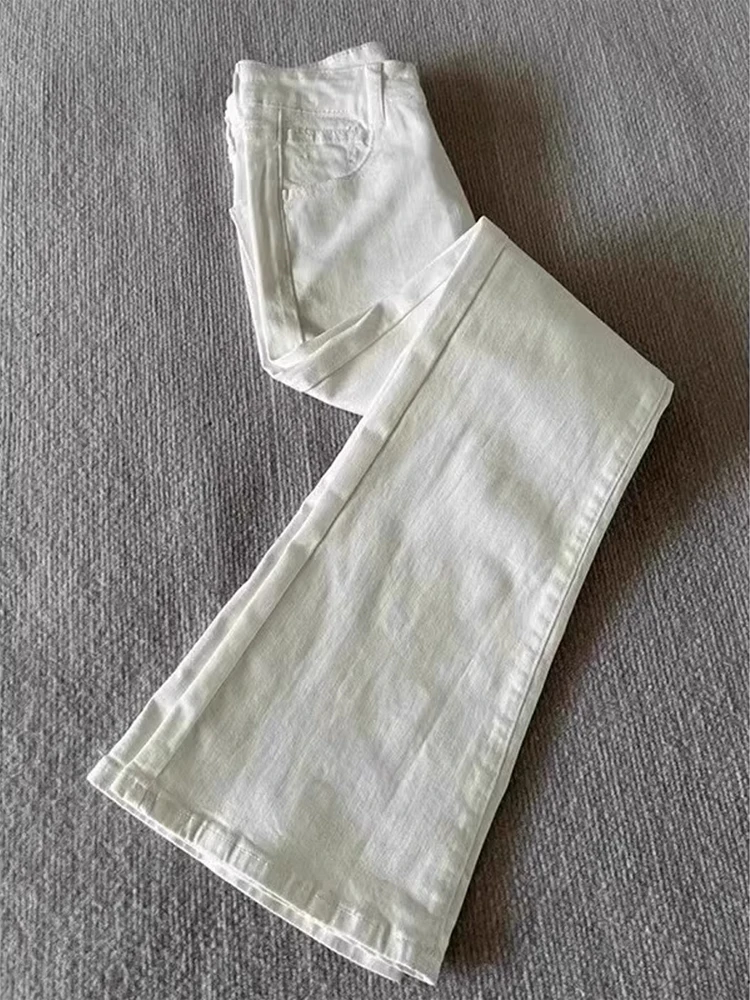 

Мужские джинсы с высокой талией, прямые, белые, весенние, в американском ретро-стиле, модные, свободные, расклешенные, из смесового хлопка и полиэстера