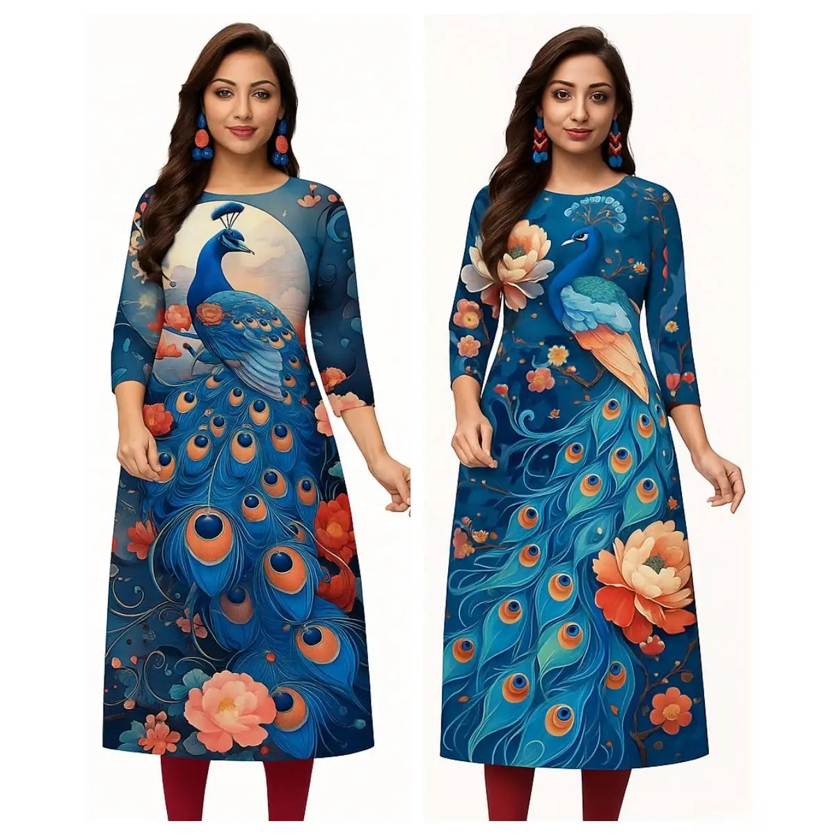 Kurt Women's Fashion Comfortable Dress Long Sleeve Straight Tube Casual Ethnic Round Neck Peacock Pattern New Style Skirt