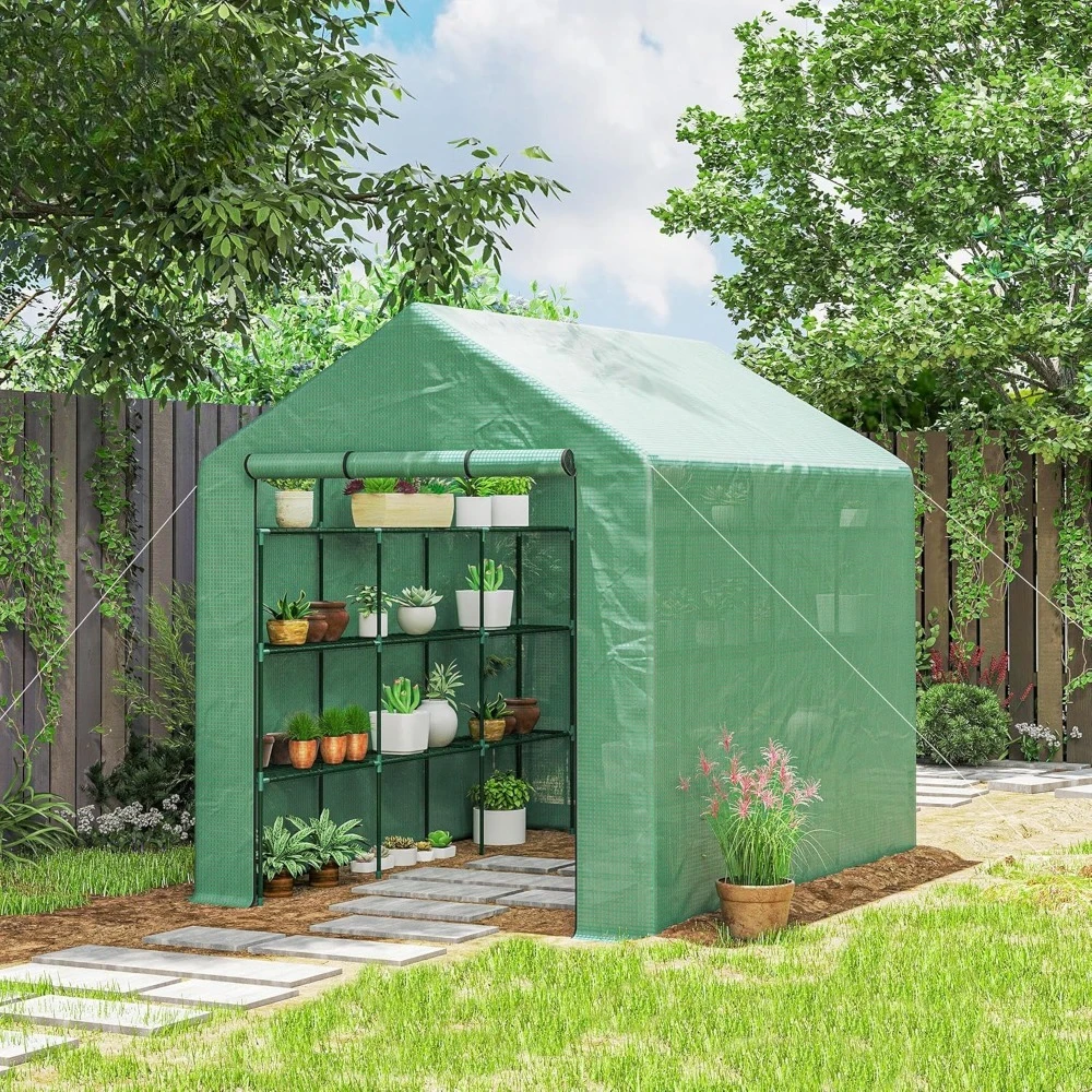 

8' X 6' X 7' Walk-in Greenhouse, PE Roof, 4-tier Shelving, Steel Frame Structure, Roller Shutter Zipper Door