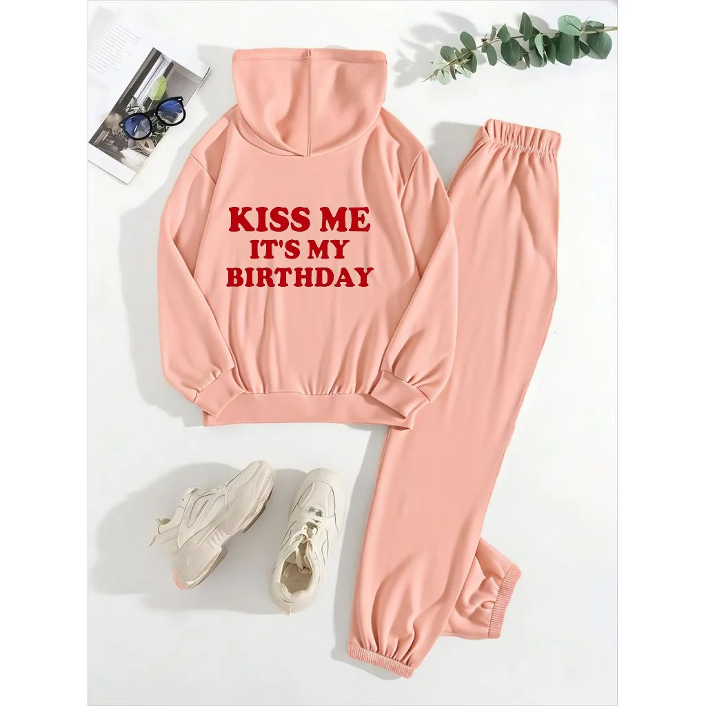 Mia Muse  Women's Sets Fashion Plain Kiss Me It's My Birthday Letter Print Long Sleeve Hoodie Natural Waist Pant Casual Sets