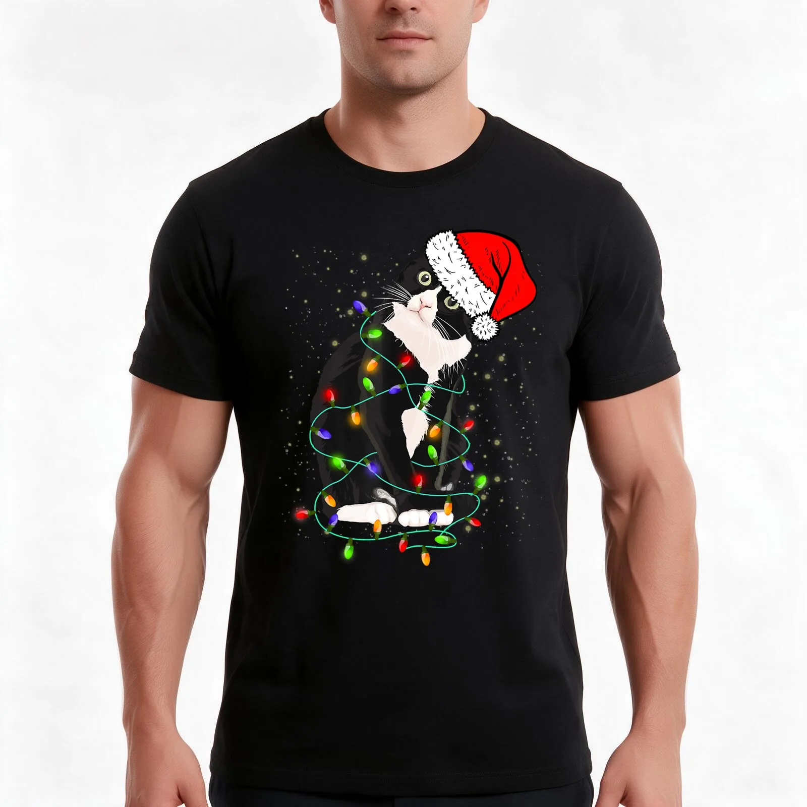 Christmas Cat Christmas Tree Cat Wearing Stocking T-Shirt Summer Casual Cotton Tee Oversized Streetwear Tops Unisex Men Women