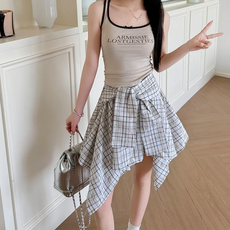 Plaid Irregular Skirts Women Korean Mini High Waist Thin A-line Skirt with Inner Lining Fashion Lace Casual Plaid Pleated Skirt