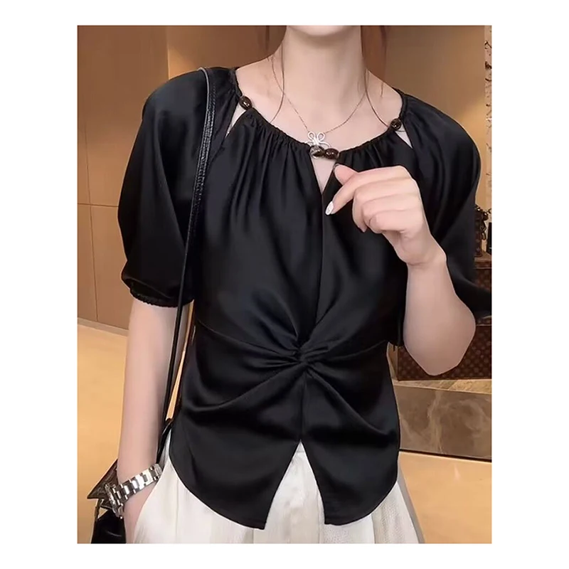 French design pleated satin short sleeved round neck shirt for women 2024 summer new style, slimming and waist cinching top