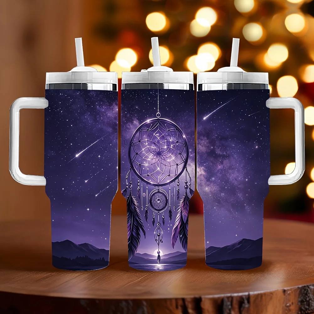 40oz Long Lasting Insulated Tumbler with Handle, Printed with Purple Starry Sky Dreamcatcher and Meteor, Perfect Holiday Birthday Gift for All People, Suitable for Daily Use and Outdoor Activities