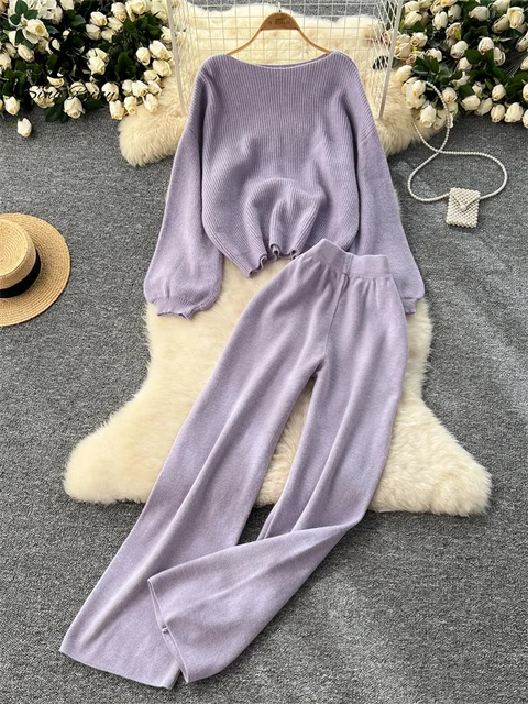 SINGREINY 2026 Winter Thick Women Suits Loose Sweater Tops+High Waist Wide Legs Long Pants Autumn Solid Causal Warm 2 Piece Sets