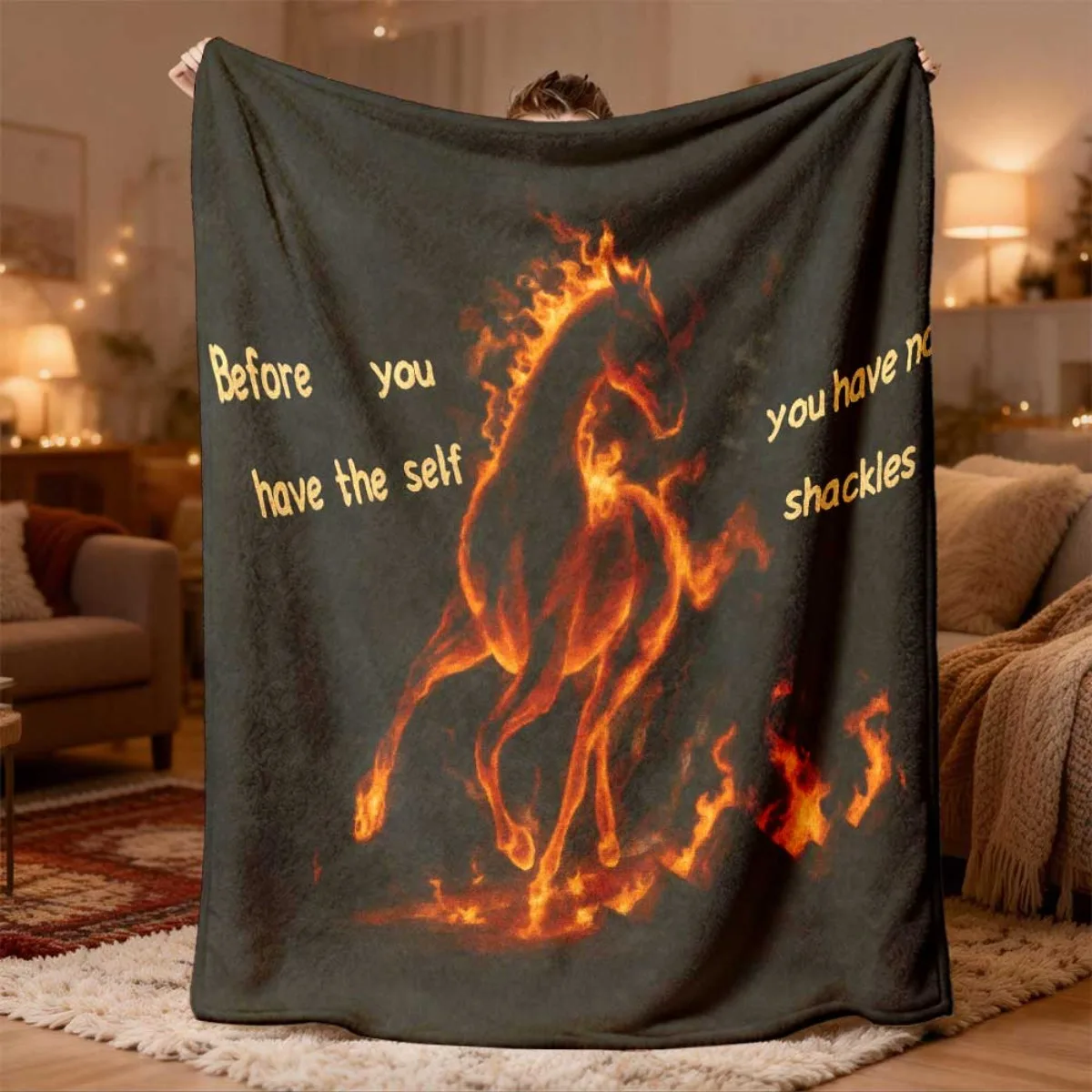 Large Fire Horse Art Graphic Quote Blanket Throw 150x200cm Cozy Winter Fleece Bedspread Couch Decor Gift for Home