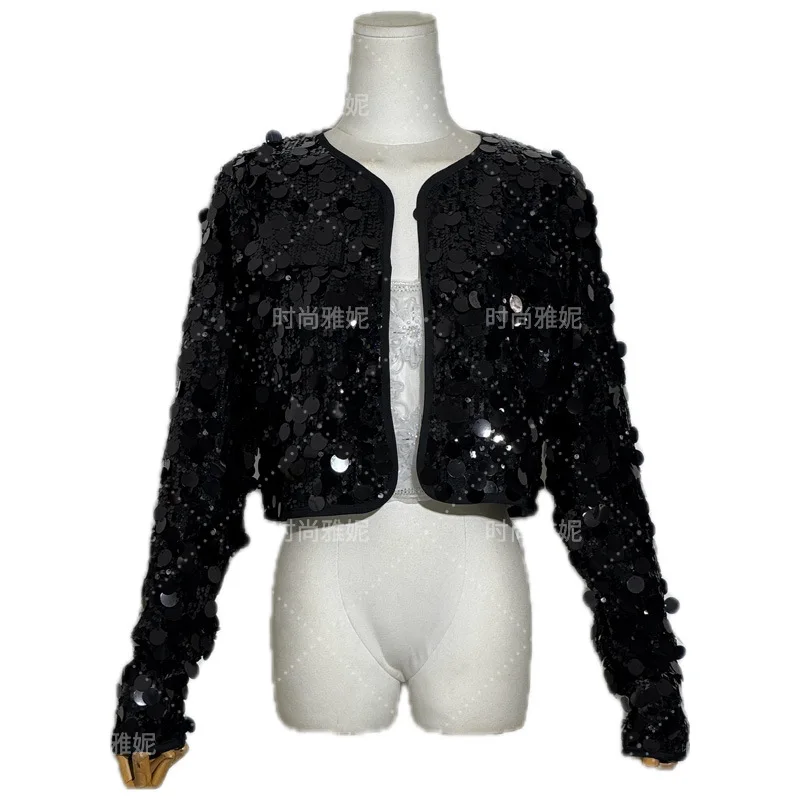 Chic Temperament Black Coat Women's Sequins Sparkling Versatile Performance Clothing Short Cardigan Jacket Top O-neck Outwear