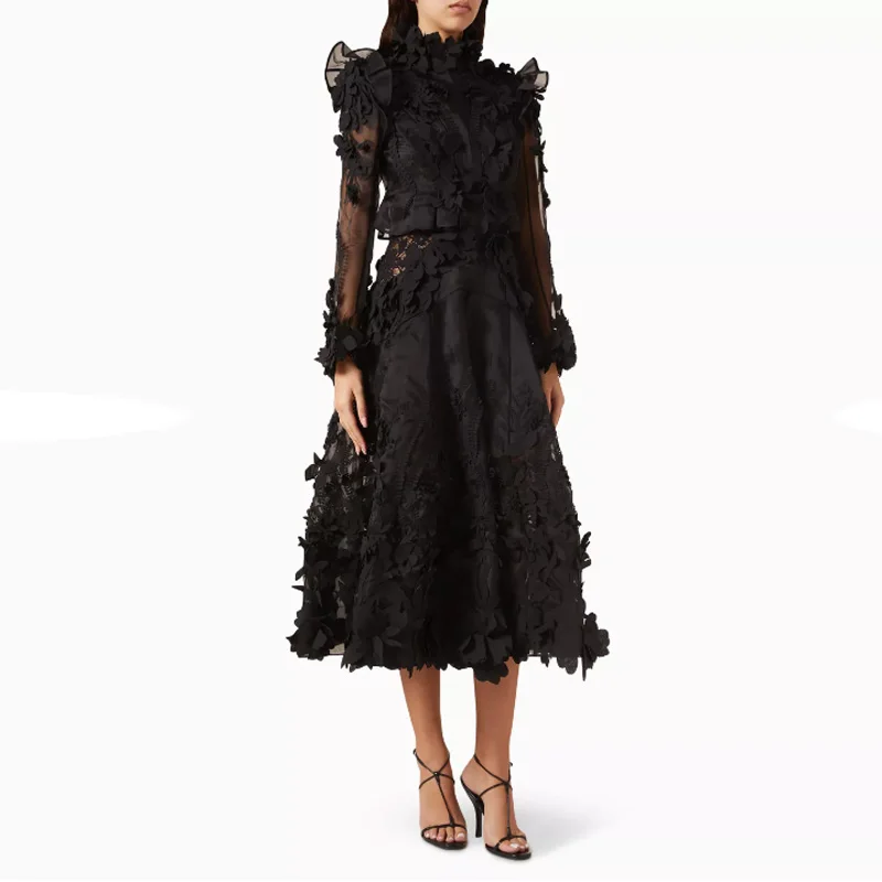 

Customized High Neck Solid Lace Prom Dress Women Appliques Sexy Long Sleeve Evening Dress Tea Length Elegant Party Dress