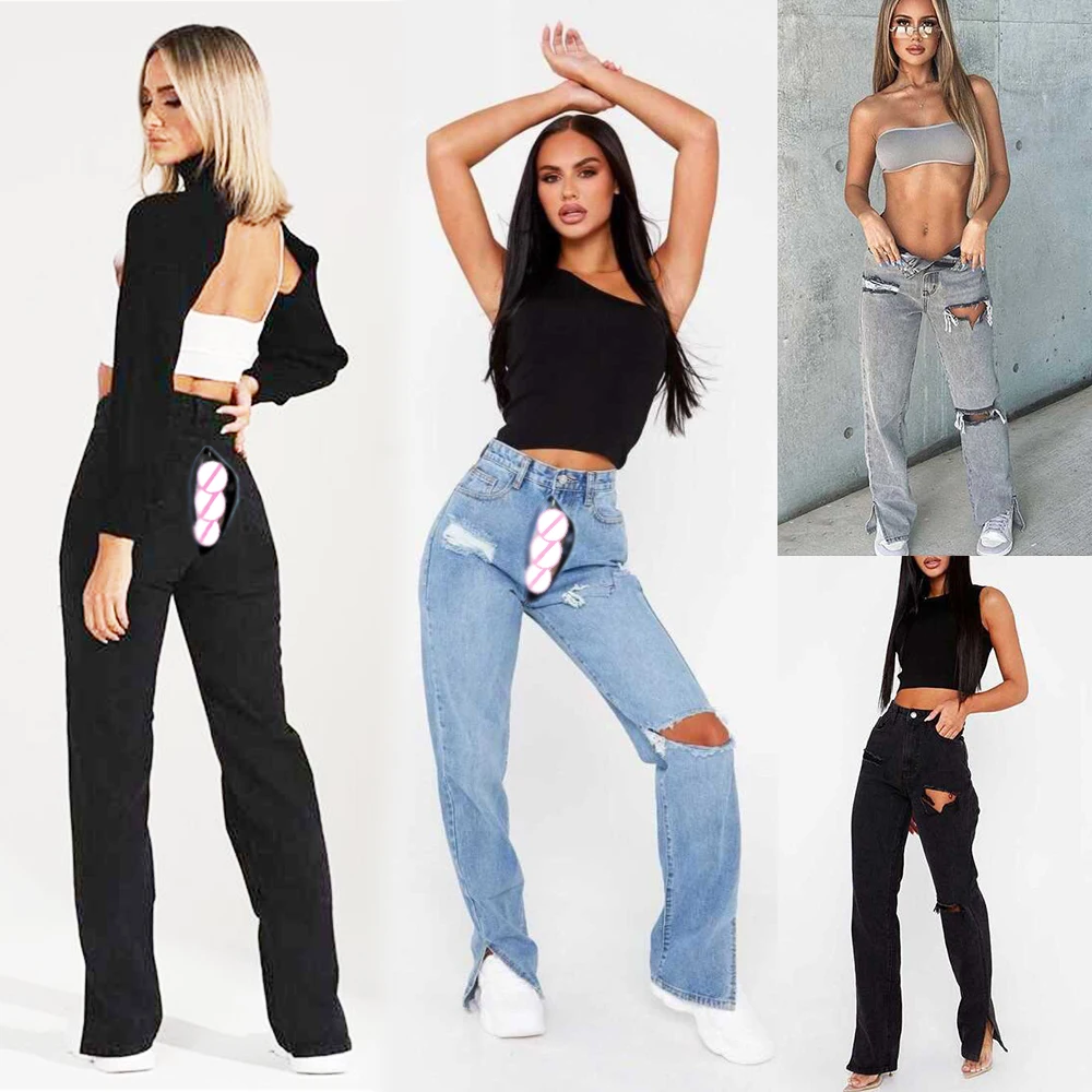 

Open Crotch Outdoor Sex Pants High Waisted Boyfriend Jeans Female Ripped Denim Trousers Plus Size Women's Bell-Bottom Streetwear