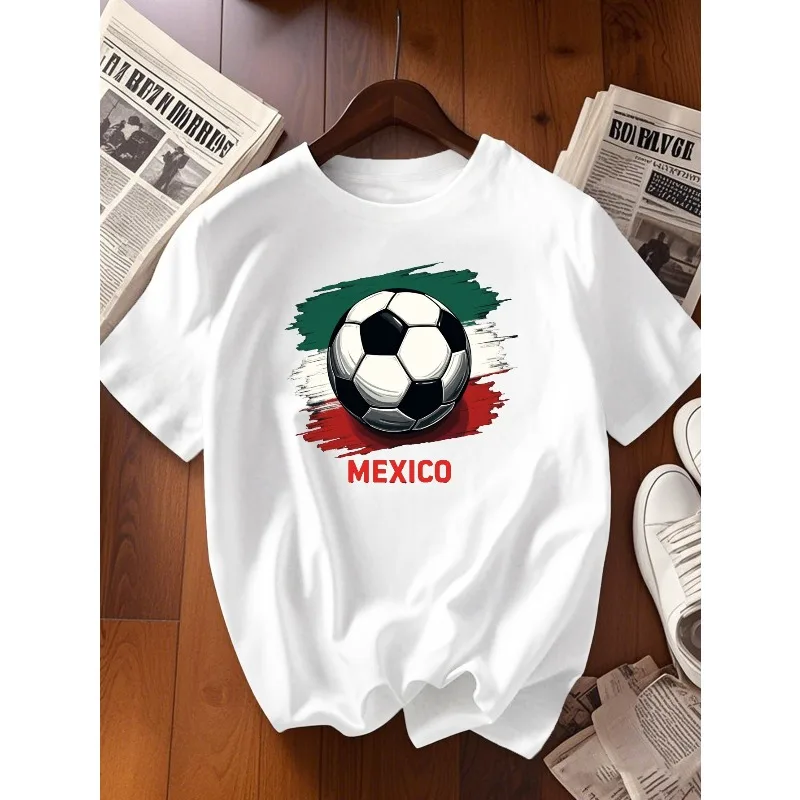 Mexican Football and Flag Printed T-shirt Round Neck Casual Spring/Summer Women's Football Match Watching Clothing Women T-shirt