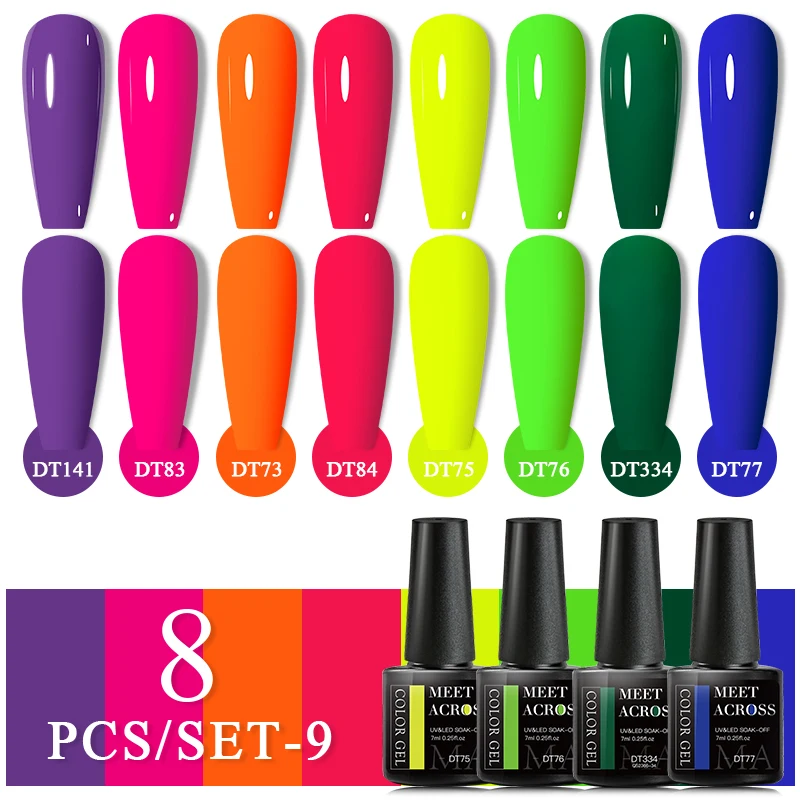 

MEET ACROSS 8Pcs/Set Fluorescent Gel Nail Polish Summer Spring Colorful Laser Glitter Nail Art Gel Varnish Manicure For Nails