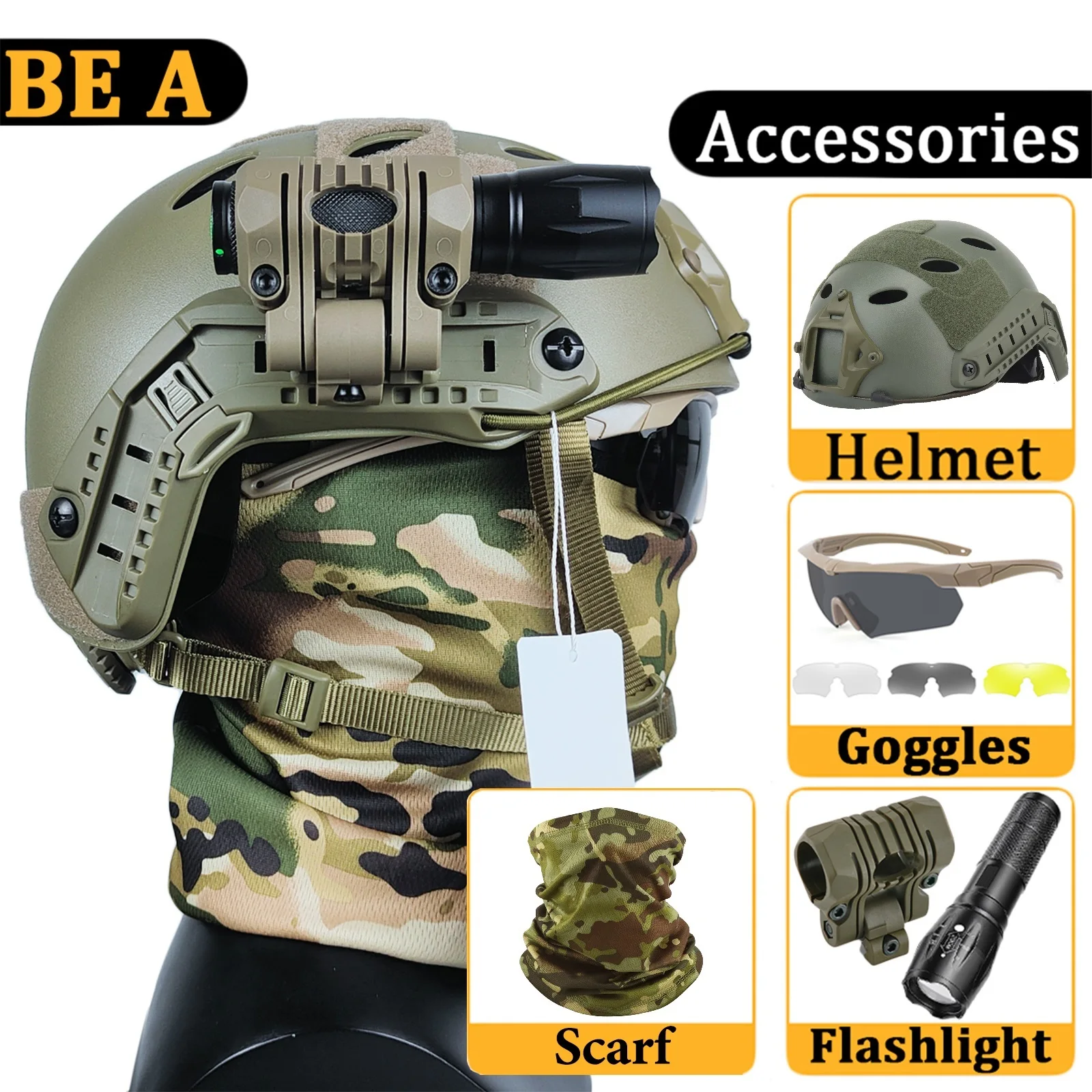 AQzxdc Tactical Helmet Complete Set – All Protection For Outdoor & Tactical Activities, With Face Visor&Goggles&LED Torch