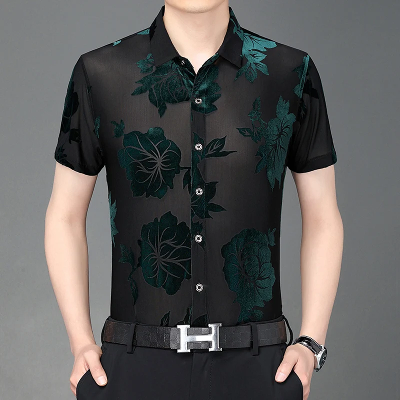 Transparent Shirt for Man 2023 Summer Sexy See Through Clothing Tops Mens Short Sleeve Floral Silk Dress Shirts