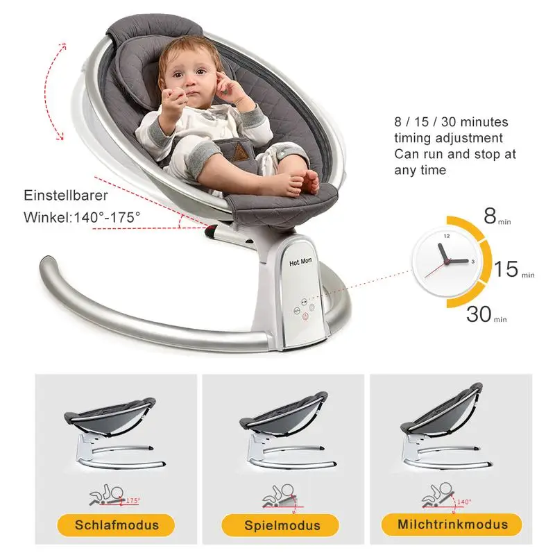Vide-bébé automatique Bluetooth, balançoire musicale avec minuterie intelligente et écran tactile LED, chaise à bascule gris carbone pour nourrissons