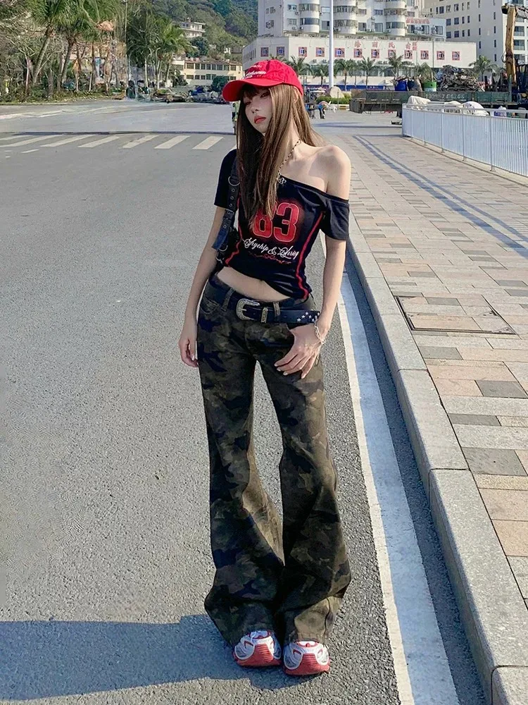 

Low Waist American Camouflage Bell Bottom Jeans Women's Thin Retro Slimming Drapey Non-Matching Leggings Summer Spring