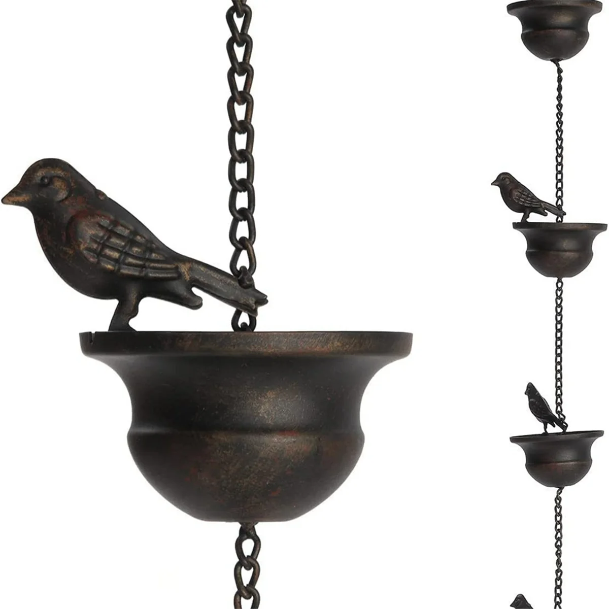 

Rain Chains for Gutters Mobile Birds on Cups Rain Chimes 8Ft Rain Chimes with Attached Hanger and Birds 2Pcs