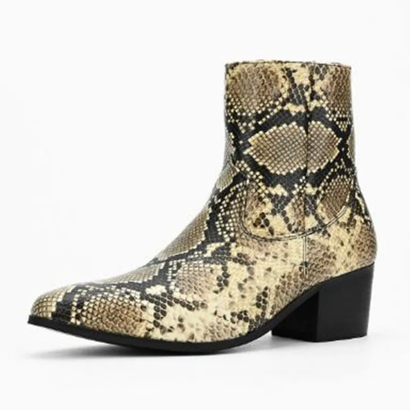 New Handmade Men High Heels Snake 2027 Fashion Skin Ankle Boots for Men Chelsea Leather High Top Mens Dress Shoes Bota Masculina