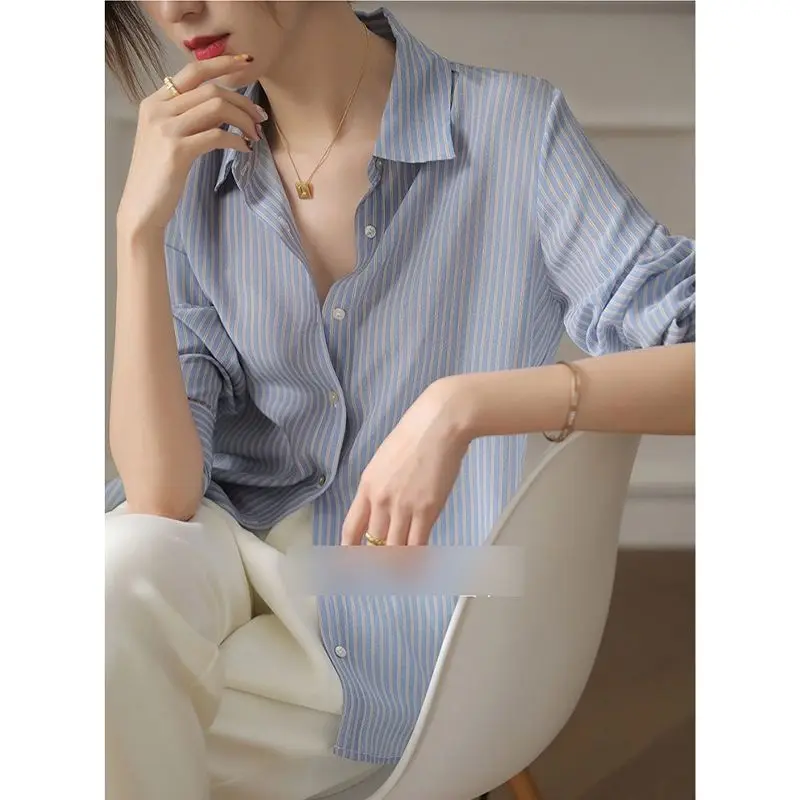 Korean Style Office Lady Blue Striped 2022 Spring Summer Fashion All-match Blouse Long Sleeve Turndown Collar Loose Casual Shirt