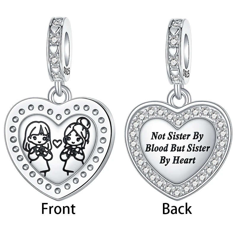 Hot Sale Heart Sisters Charms 925 Sterling Silver Double-sided Zircon Dangle Pendant Fit Bangle Bracelet Necklace DIY Jewelry