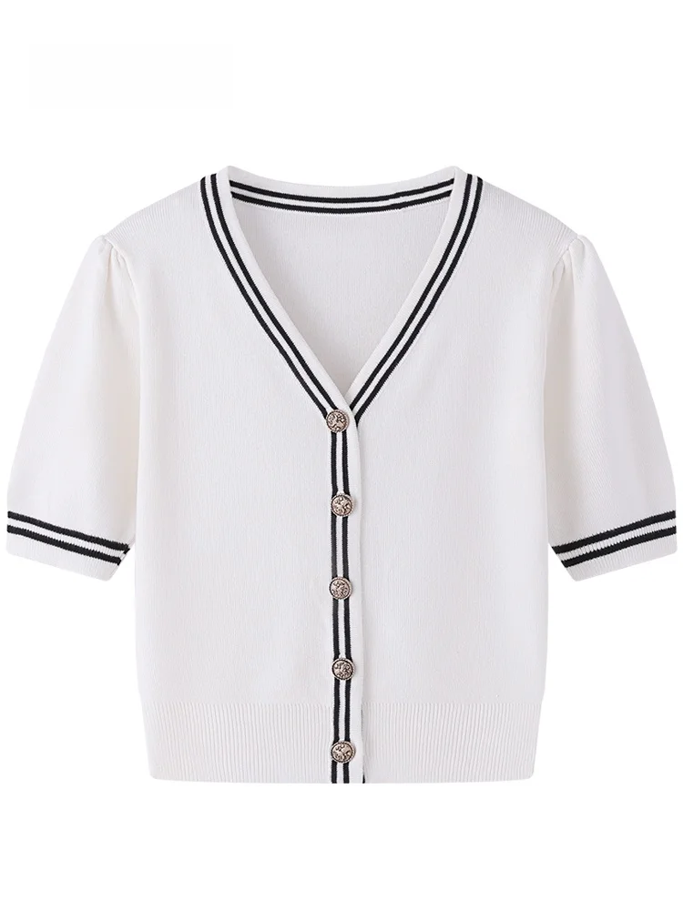 

JZZDEMM ort Sve Knitted Slim Fit Women's Cardigan Bubble oulder Vintage Commute Sle Small Size Top Color Blo Stripe