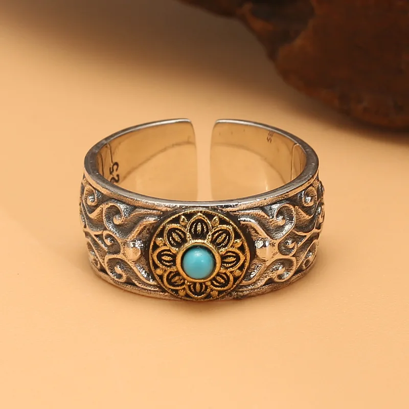 S925 sterling silver ring men's blue turquoise petal opening ring british style elegant women's trendy jewelry ethnic style