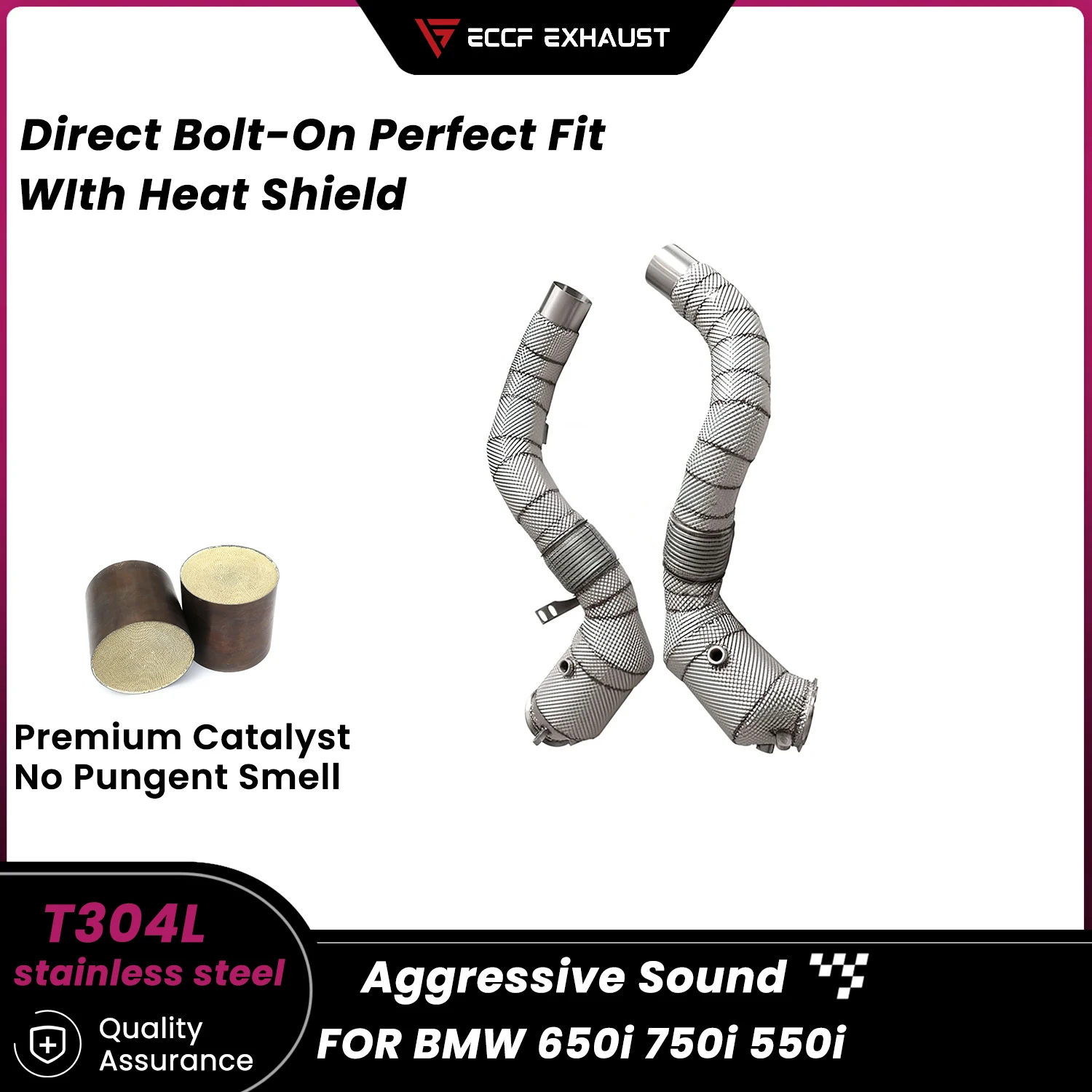 

Sporty Downpipe With Heat Shield For BMW 650i 750i 550i Aggressive Exhaust Sound High Flow Easy Installation