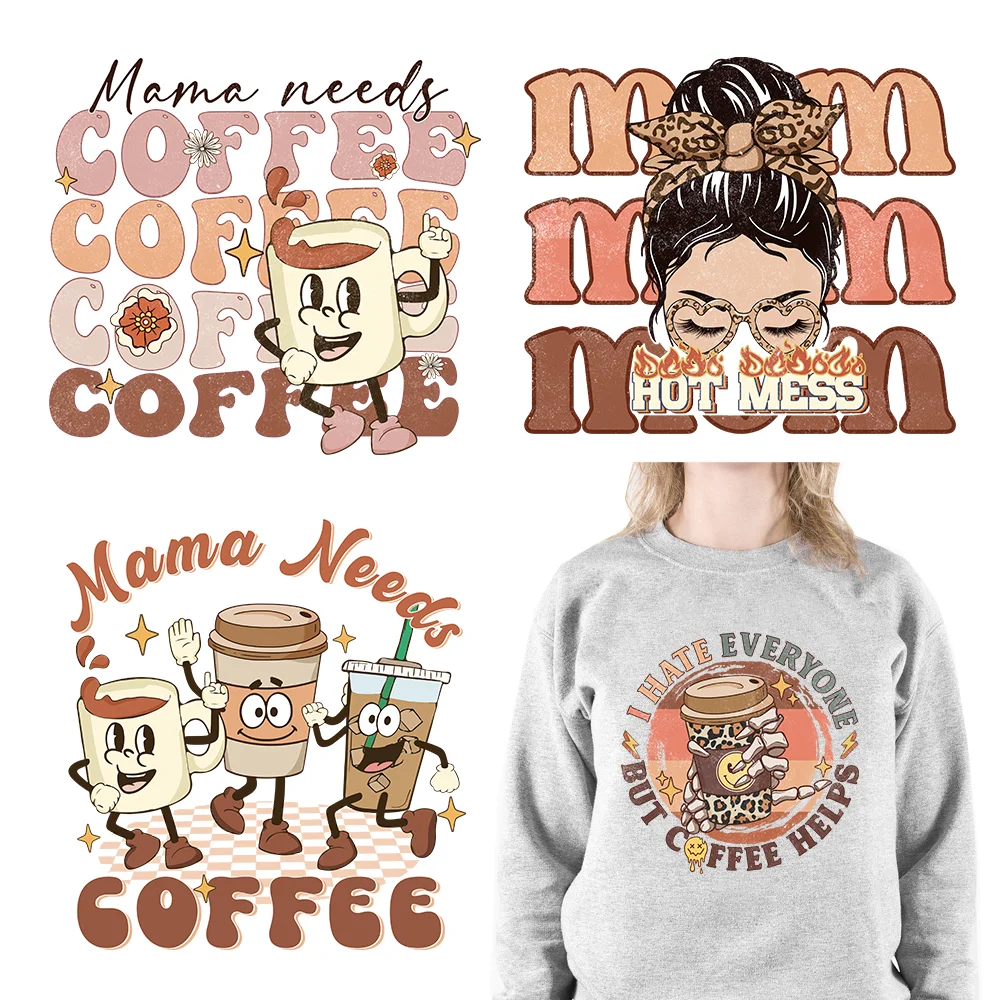 Washable Mama Need Coffee DIY Plastisol Iron On Patches Coffee Fuel DTF Heat Transfer Stickers Ready To Press For Women Clothing