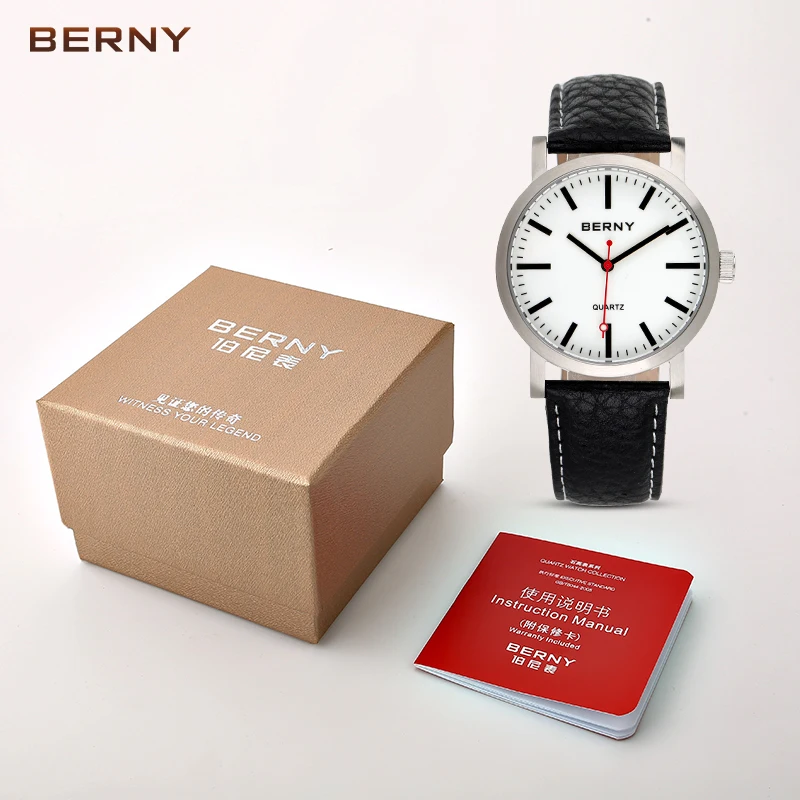 BERNY Men Railway Watch Quartz Clock Male Leather Strap Waterproof mens watches top brand luxury Fashion Railroad Wristwatch