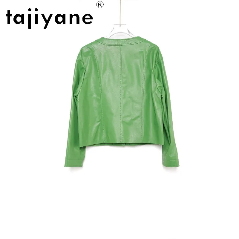 TAJIYANE Green Leather Jacket Woman Sheepskin Genuine Leather Coats Cropped Jackets for Woman Slim Fit Outerwear O-neck Jaqueta