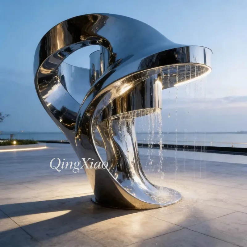 Custom Mirror Polished Hollow Cylinder Stainless Steel Waterfall Fountain Sculpture Modern Outdoor Waterscape Decoration