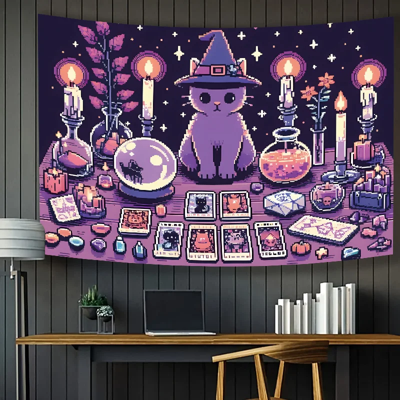 Witchy Cat Tarot Cards Wall Tapestry, Soft Polyester Multi-Purpose Wall Hanging, Festival Decor for Bedroom Dorm Outdoor