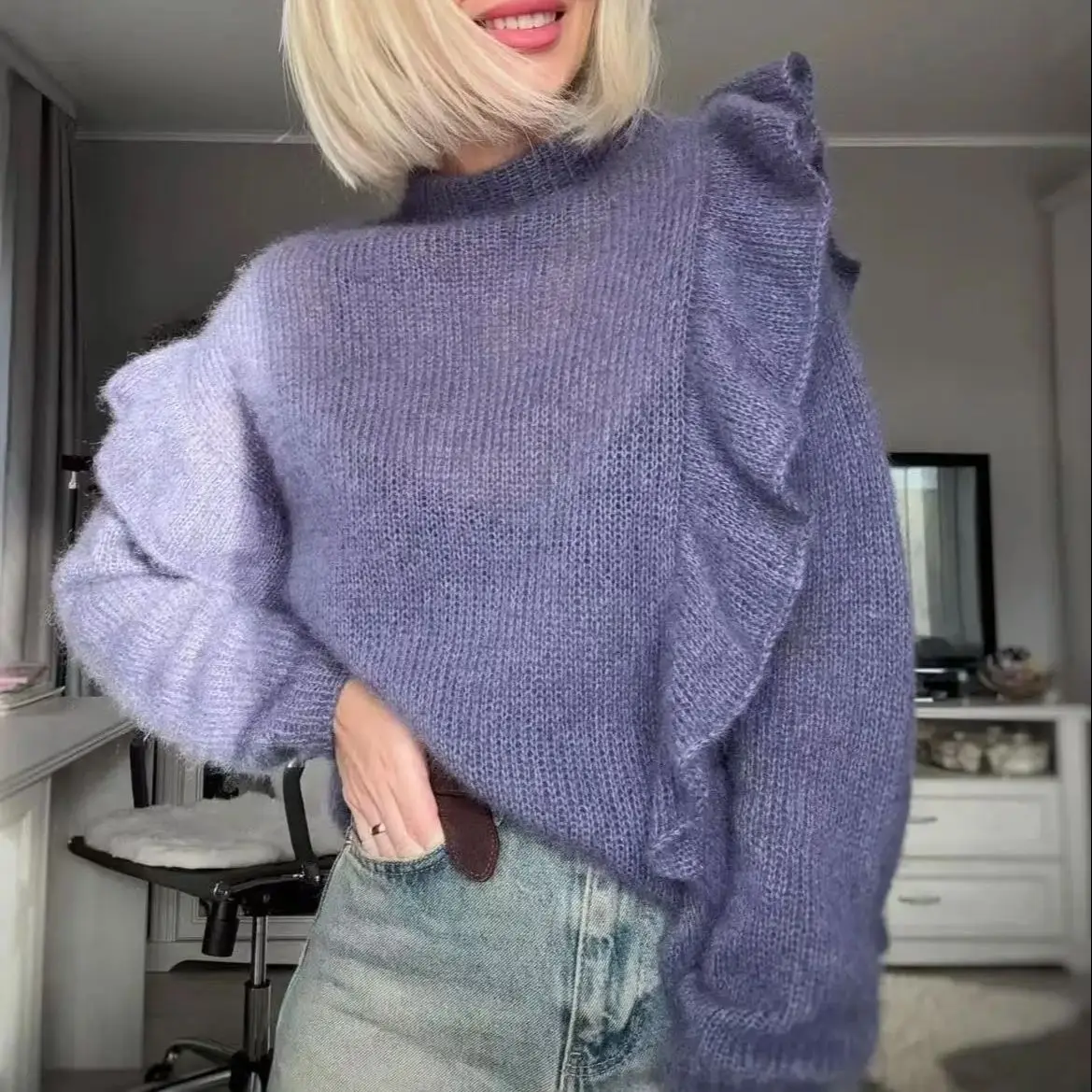 

Sweet fungus edge pullover sweater hand woven loose lazy and comfortable mohair wool sweater for women's spring autumn new style
