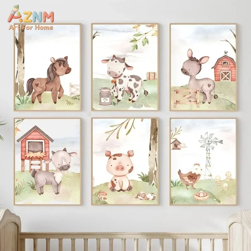AZNM Watercolor Farm Animal Canvas Wall Art Pig Donkey Cow Tractor Barn Windmill Print Baby Nursery Decor Unframed