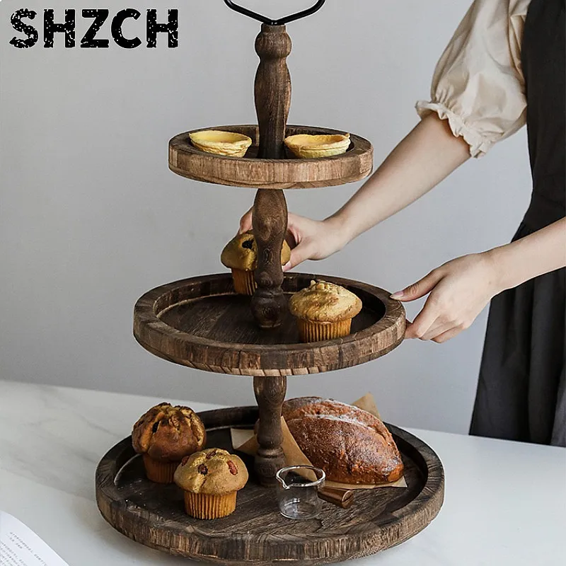 European Creative Solid Wood Cake Stand Double Layer Dessert Tray Bread Fruit Display Rack