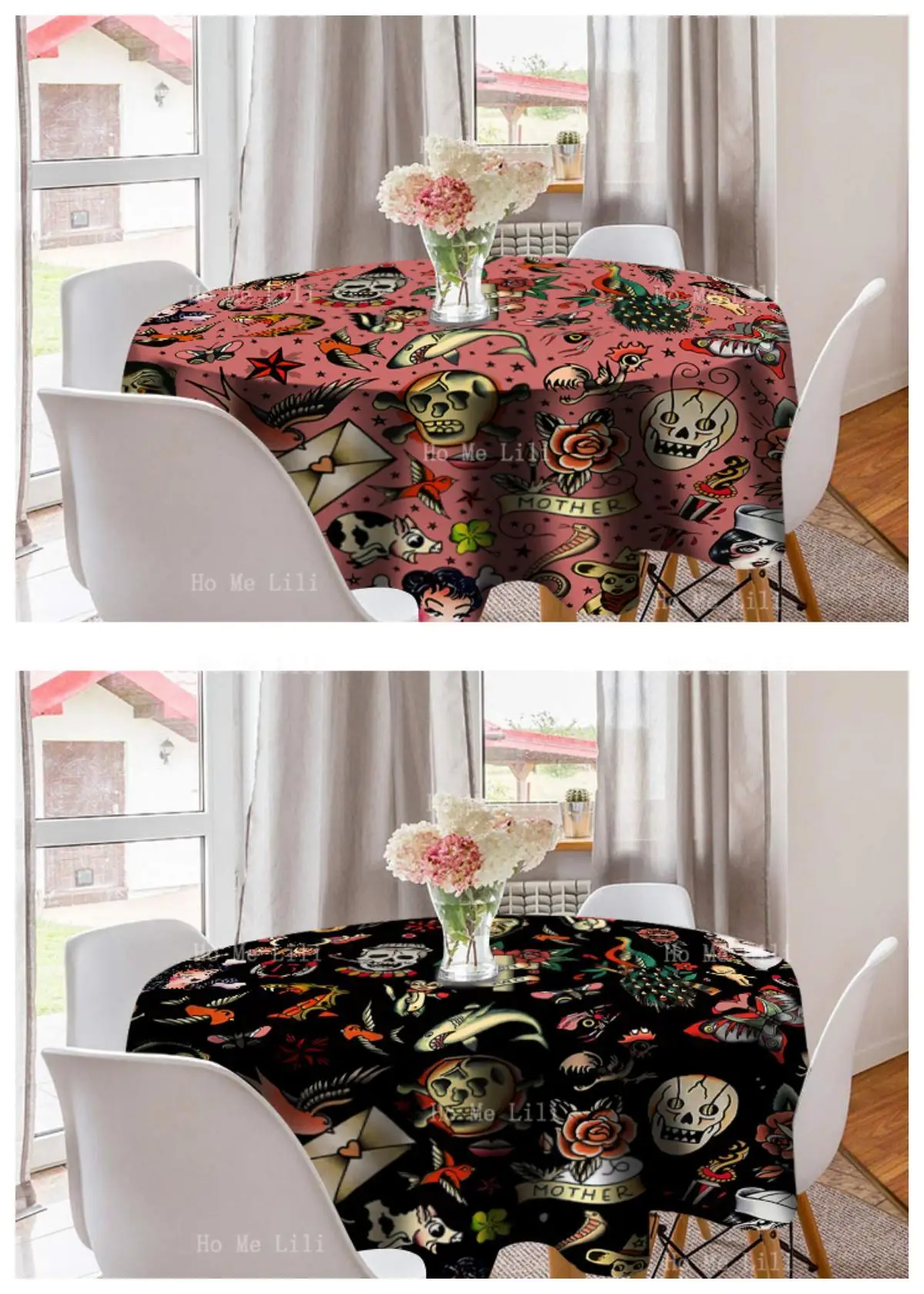 Old School Tattoo Skull Designs Are A Popular Motif In Traditional American.Round Tablecloth Decorated The Kitchen