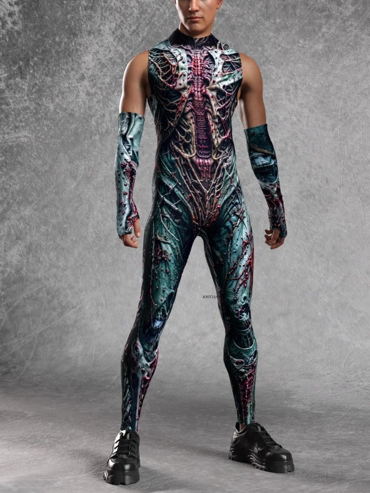 Halloween Men's Steampunk Fashion Sexy Bloody Skeleton Tights Zentai Suit Carnival Party Stage Role-playing Performance Costume