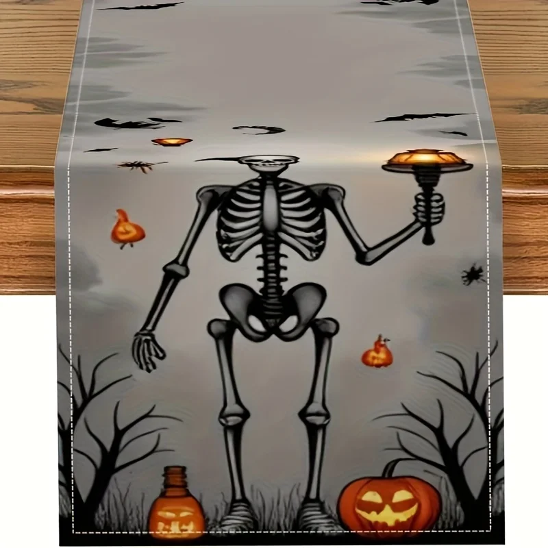 1pc, PolyesterSpooky Skeleton Black Bats JackO'Lantern Pumpkins Candy Corn Grimace Halloween Table Runner, Seasonal Fall Kitchen