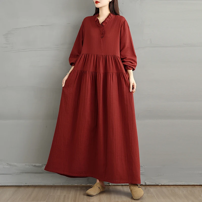 

Художественная хлопково-льняная длинная свободная юбка длиной до колена в стиле ретро, осенний сезон, повседневная юбка трапециевидной формы, V-Ne Ci Walk, подходит для...