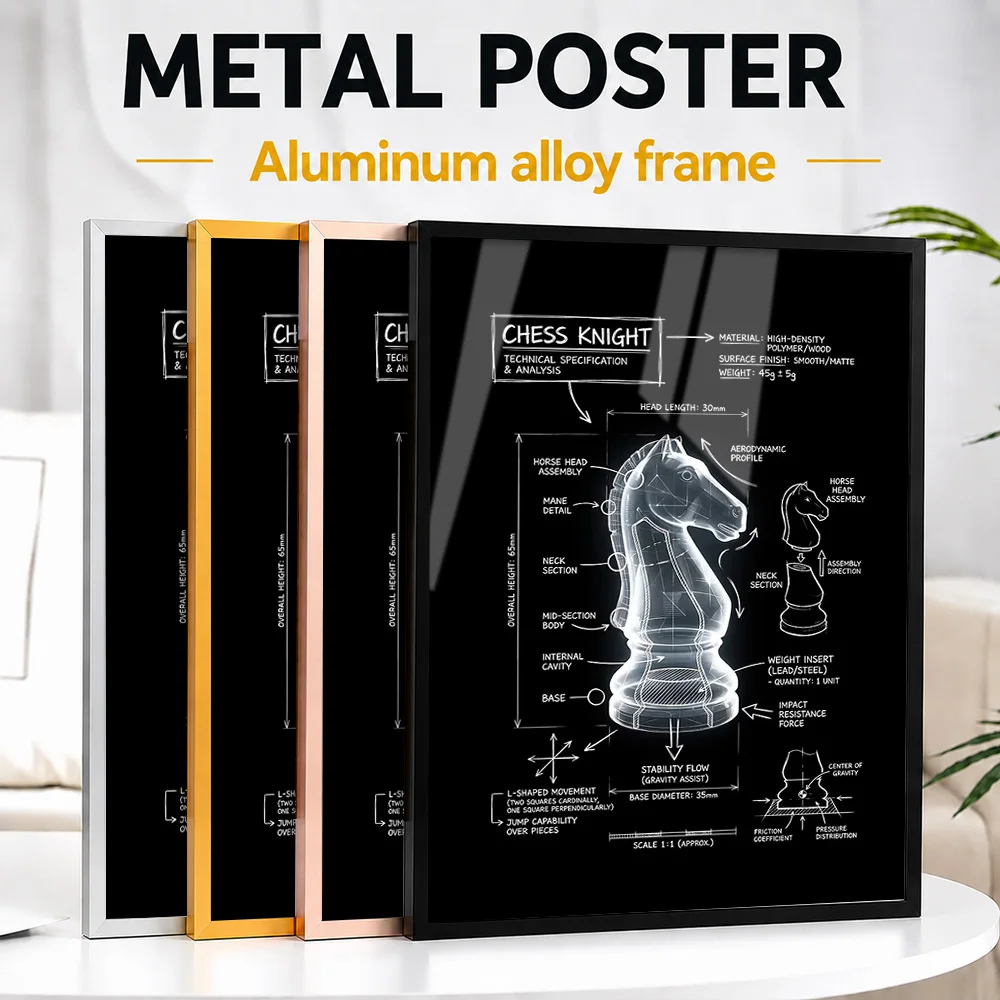 Chess Knight Technical Blueprint Metal Poster With Aluminum Alloy Frame Personalized Photo Drafting Style Wall Art For Library