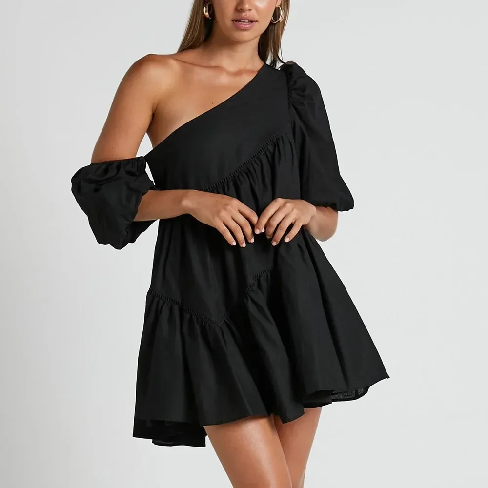 Summer Ladies Dresses Sexy Off Shoulder Lantern Sleeve Sleeve Irregular Party Dress Casual Pleated  Solid Color Loose Dress