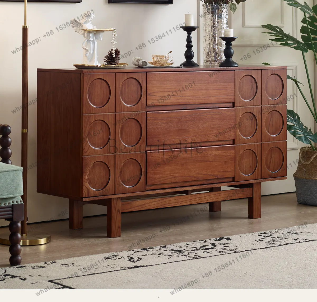 French retro medium and ancient style solid wood carving flower bucket cabinet large capacity storage cabinet
